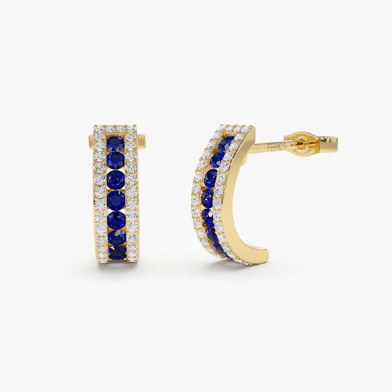 Thin rose earrings-14k Sapphire and Round Diamond Hoop Earrings