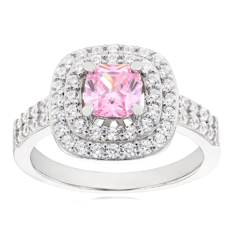 Raven design rings-Sterling Silver Rhodium Plated White & Light Pink Cubic Zirconia Cushion Ring