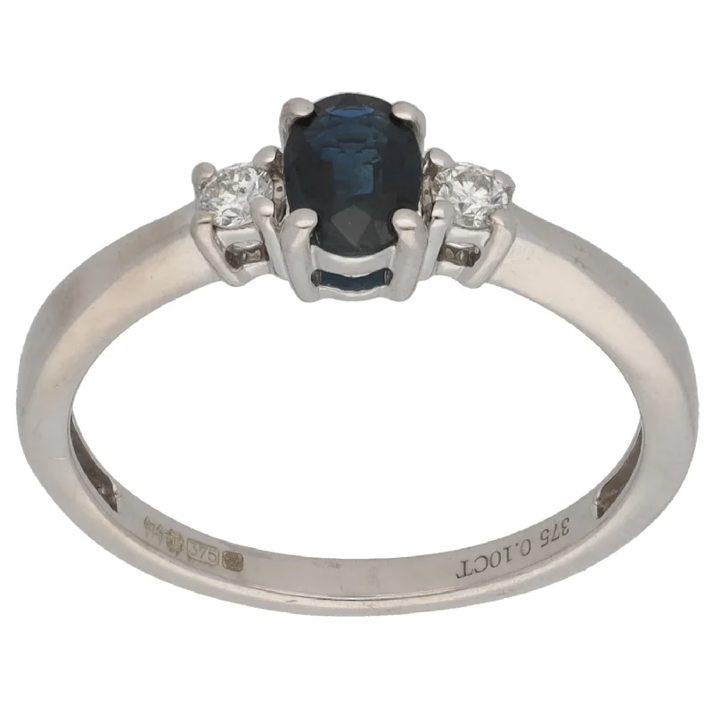 Multi-gem rings-9ct White Gold Sapphire & 0.10ct Diamond Trilogy Ring Size N