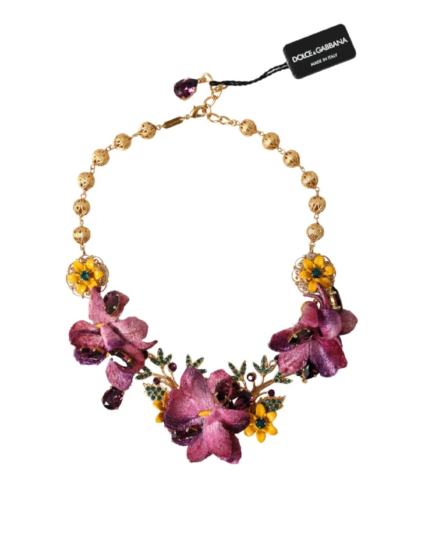 Thick link necklaces-Dolce & Gabbana  Brass Mix Fiori Flowers Crystal Chain Women's Necklace