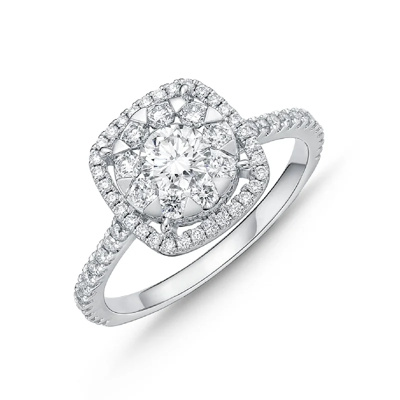 Wave style rings-Memoire 18ct White Gold 0.60 Carat Diamond Bouquet Cushion Halo Solitaire Ring