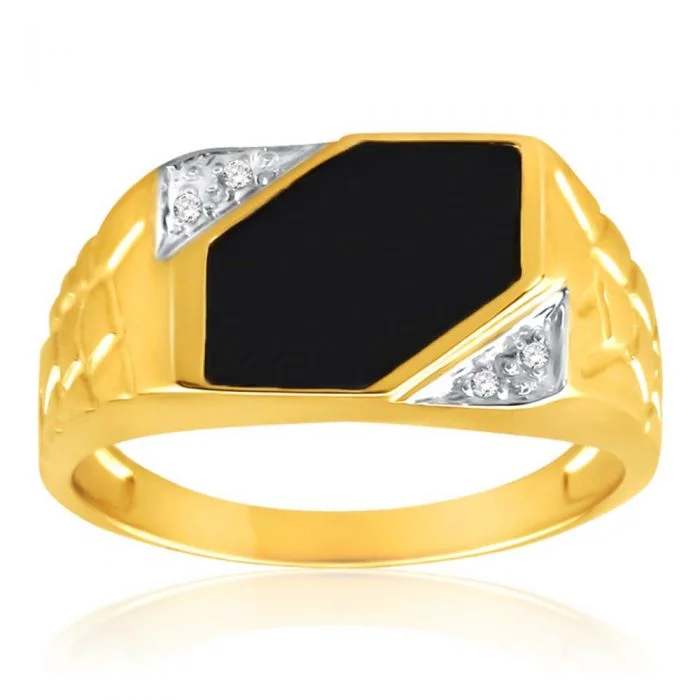 Fused metal rings-9ct Yellow Gold Plain Onyx and Diamond Patterned Side Gents Ring