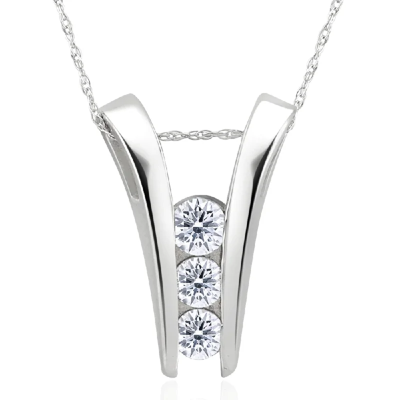 Square shape necklaces-1/2Ct Three Stone Round Cut Diamond Pendant 14k White Gold Necklace & Chain