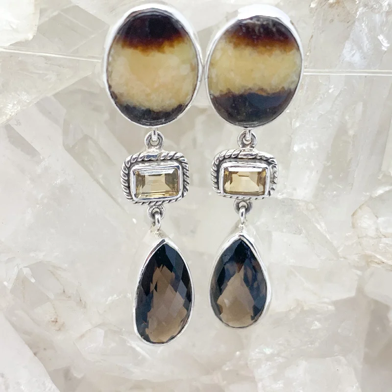 Patina brass earrings-Septarian Sterling Silver Stud Earrings With Citrine, Smokey Quartz $150