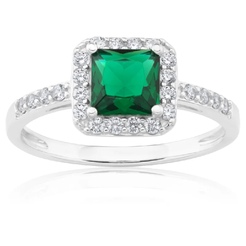 Thin heart rings-Sterling Silver Green and White Zirconia Cushion Cut Ring