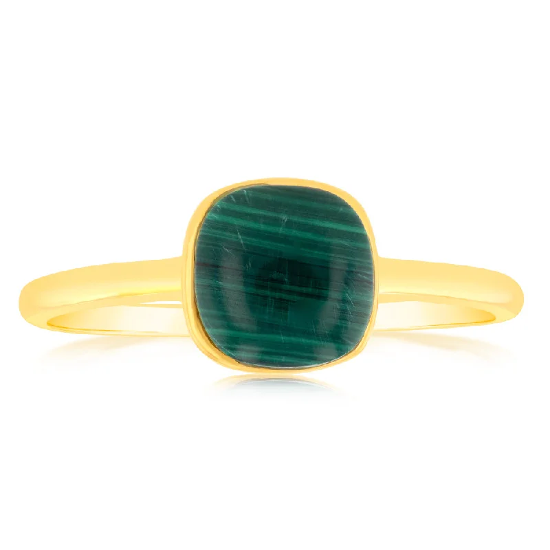 Polished name rings-Sterling Silver Gold Plated Square Natural Malachite Ring