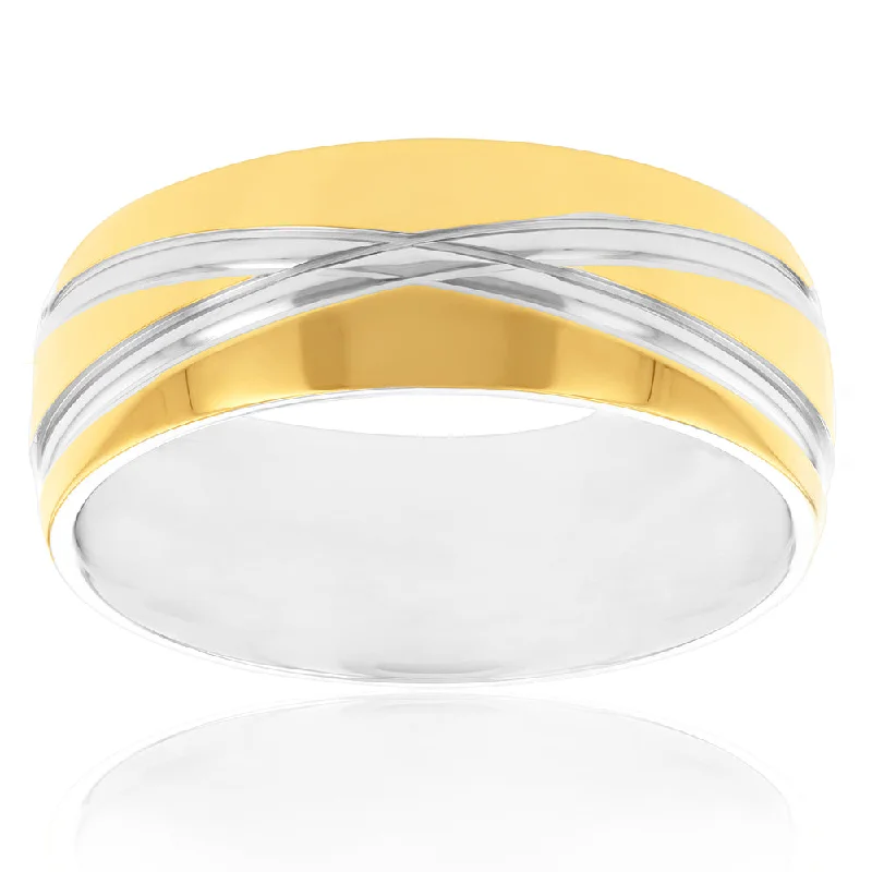 Silk cord rings-Stainless Steel Two Tone 8mm Wide Crossover Ring