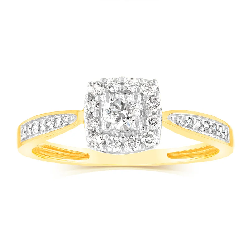 Pure star rings-9ct Yellow Gold 1/3 Carat Diamond Halo Solitaire Ring with 12 Side Diamonds