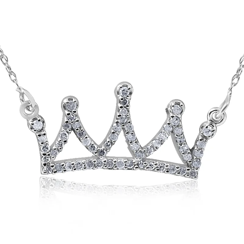 Smooth design necklaces-14kt White 1/6ctW Diamond Petite Crown 16.45" Necklace