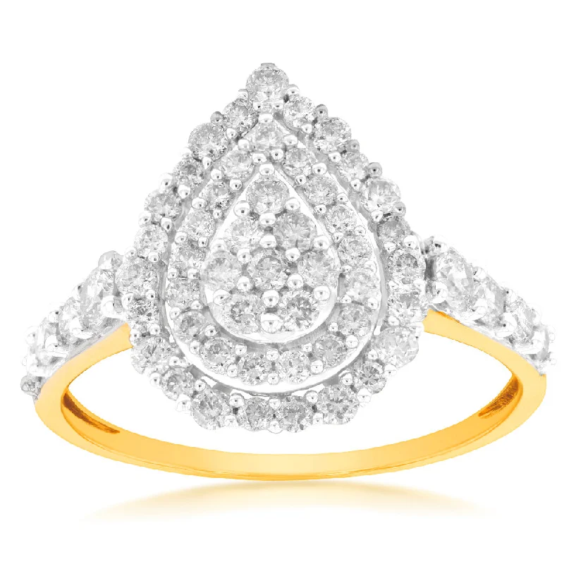 Secure clasp rings-9ct Yellow Gold 1 Carat Diamond Pear Shape Cluster Ring