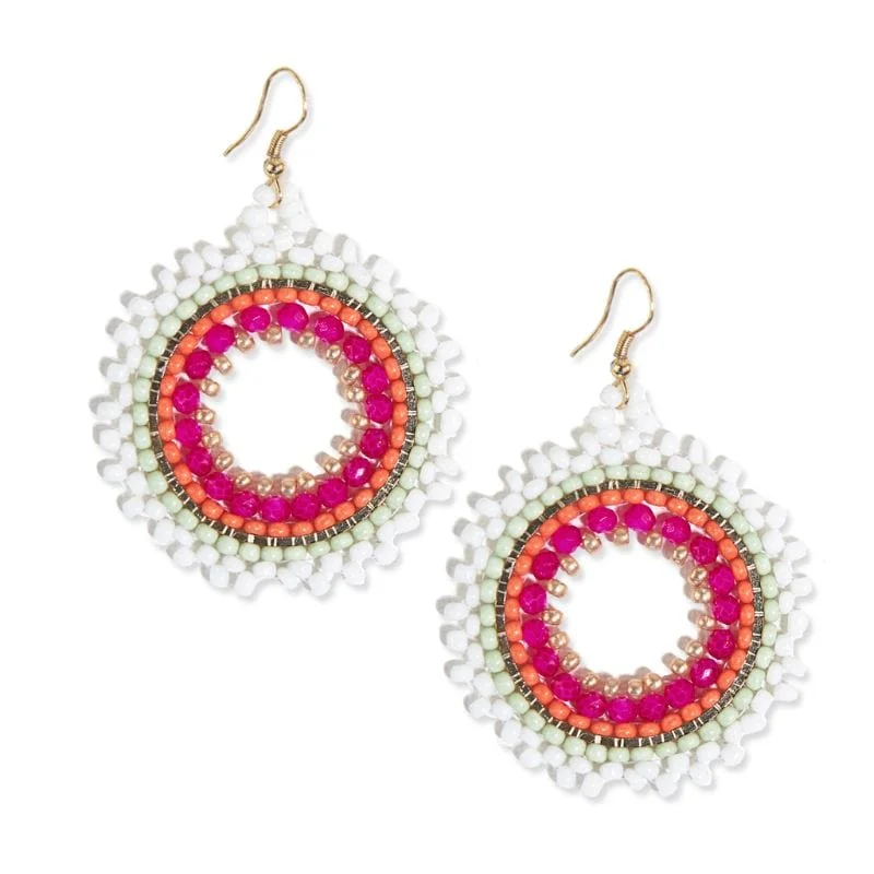 Light drop earrings-Lulu Circles Beaded Earrings White