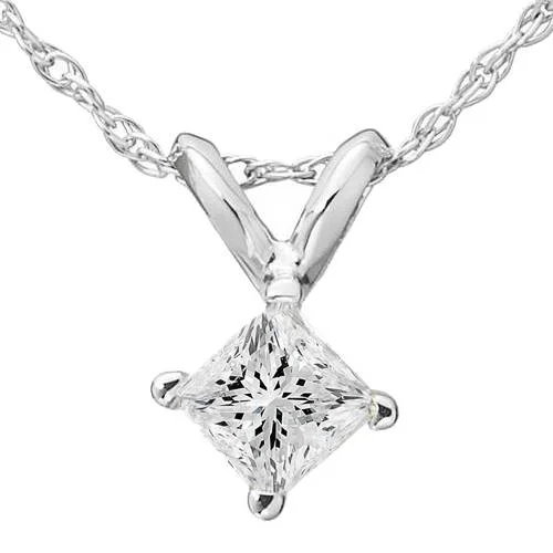 Floating stone necklaces-1/3ct Princess Cut Solitaire Diamond Pendant 14K White Gold