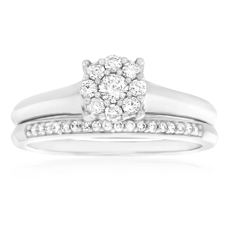 Raised letter rings-9ct White Gold 2 Ring Bridal Set With 1/3 Carats Of Brilliant Cut Diamonds