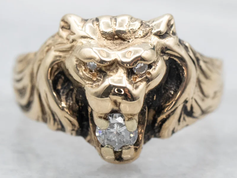 Clear eternity rings-Yellow Gold Lion Ring with Diamond Accents