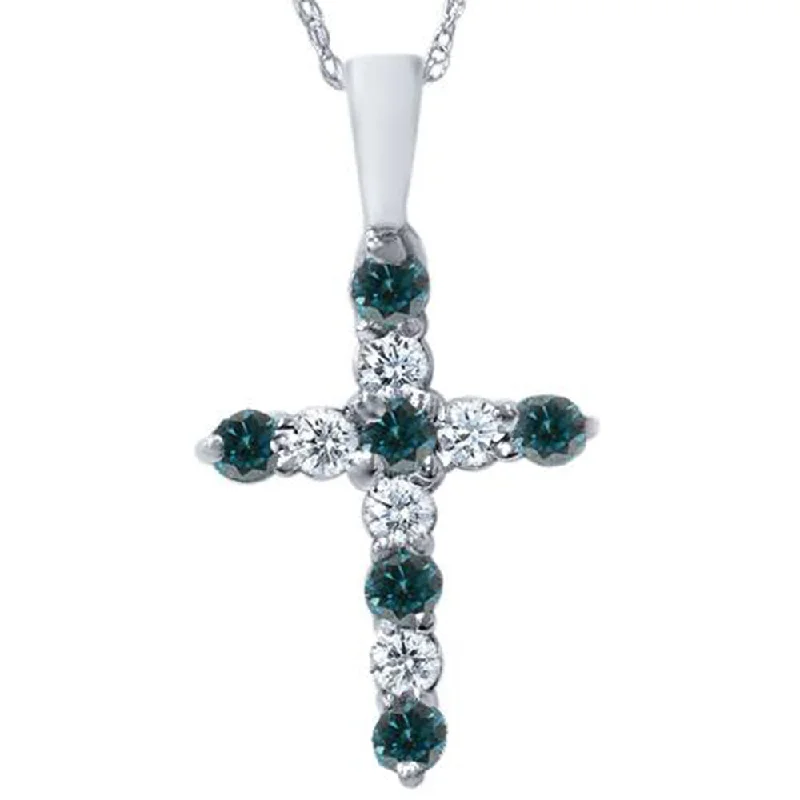 Silk tassel necklaces-1/2ct Blue & White Diamond Cross Pendant 14K White Gold W/ 18" Chain