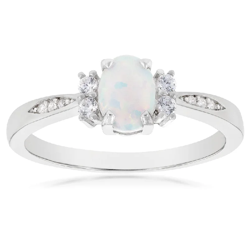 Nightfall gothic rings-Sterling Silver Rhodium Plated Cubic Zirconia Synthetic Opal Ring