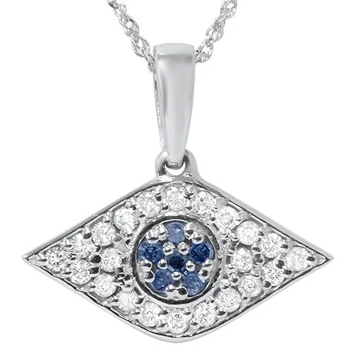 Garnet pendant necklaces-1/4ct Blue & White Diamond Evil Eye Pendant 14K White Gold W/ 18" Chain & Box