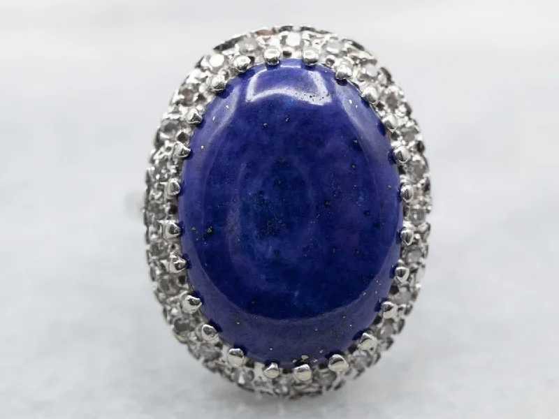 Emerald stone rings-White Gold Lapis Ring with Diamond Halo