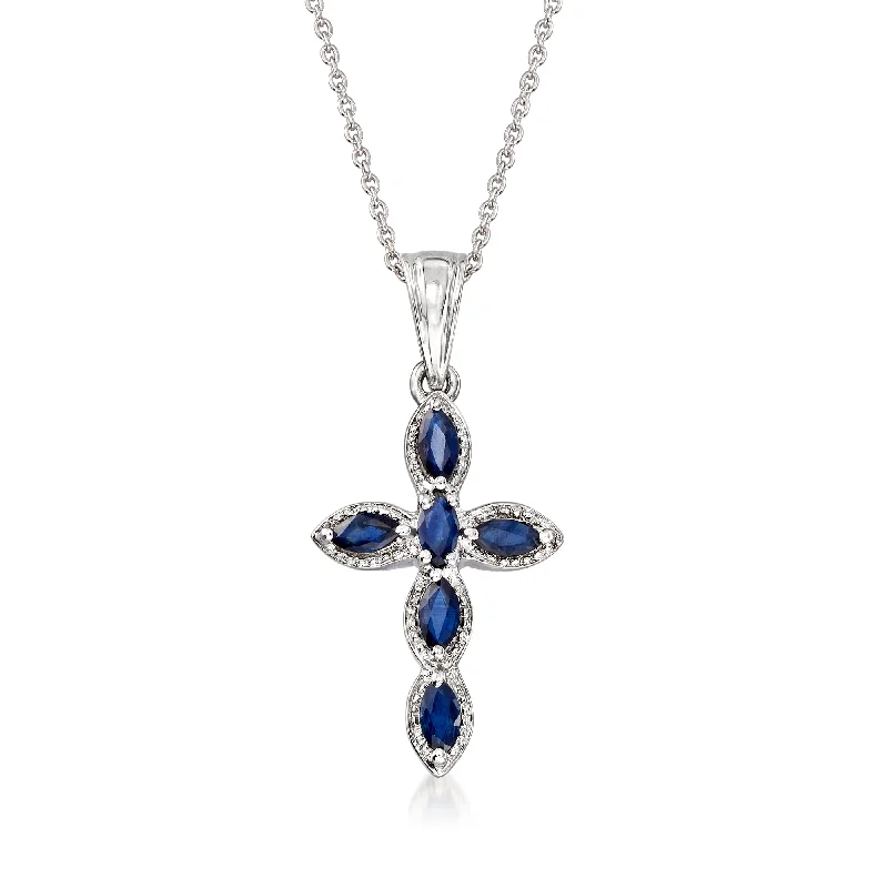 Soft yarn necklaces-Ross-Simons Marquise Sapphire Cross Pendant Necklace in Sterling Silver