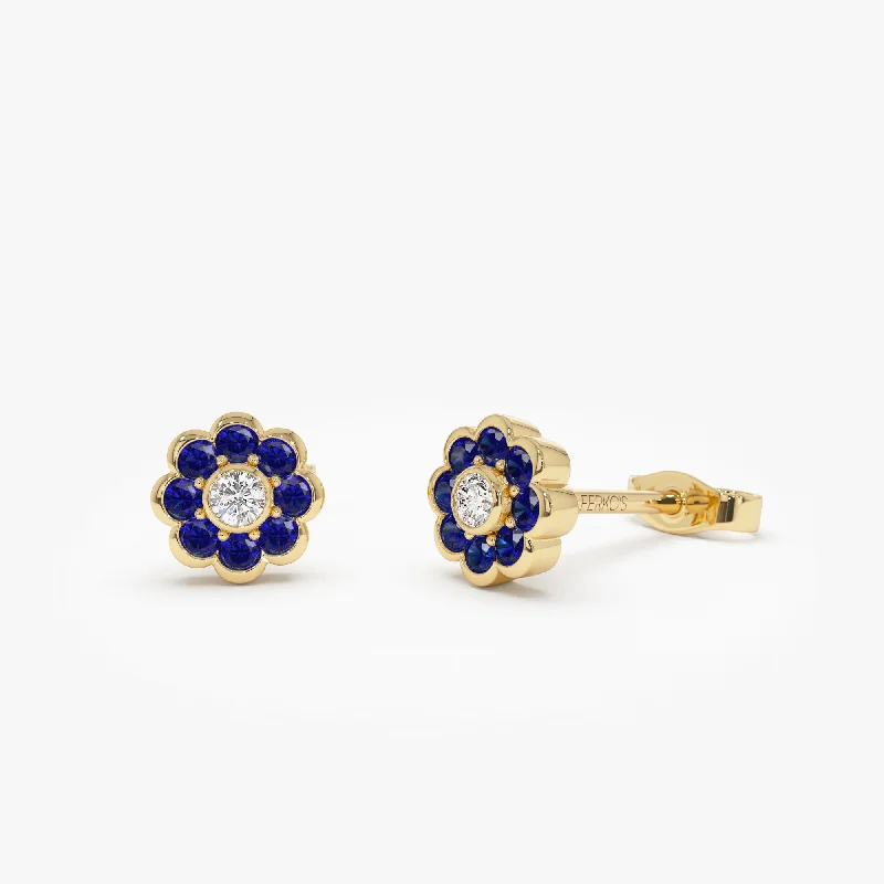 Fine enamel earrings-14K Bezel Setting Sapphire Flower Diamond Studs