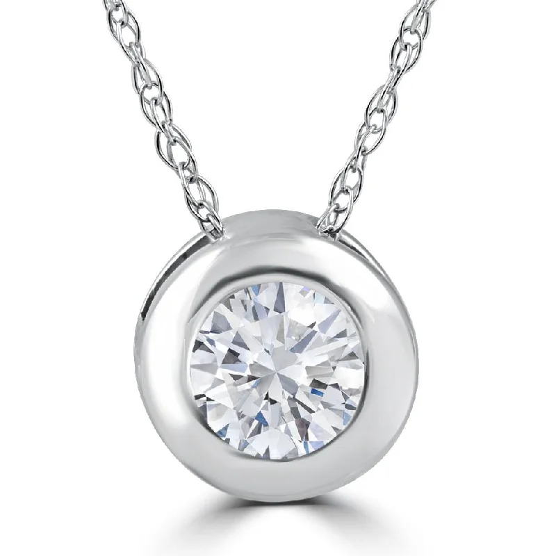 Hemp thread necklaces-1ct Round Bezel Solitaire Diamond Pendant 14K White Gold