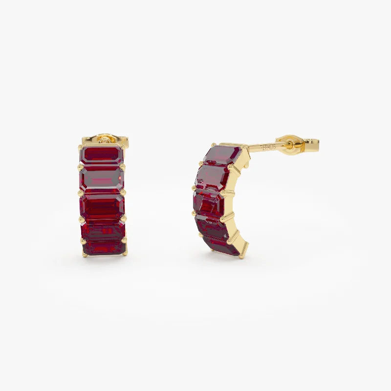 Wave shape earrings-14K Emerald Cut Garnet Half Hoop Earrings