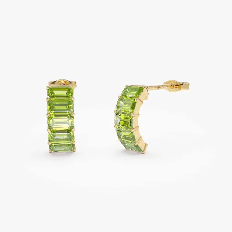 Vine style earrings-14K Emerald Cut Peridot Half Hoop Earrings