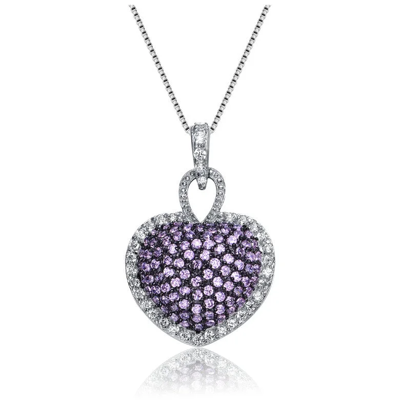 Bow knot necklaces-Sterling Silver Purple Cubic Zirconia Pave Heart Necklace