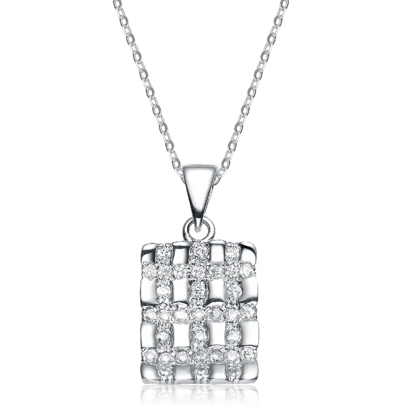 Oval pendant necklaces-Sterling Silver White Cubic Zirconia Woven Square Pendant