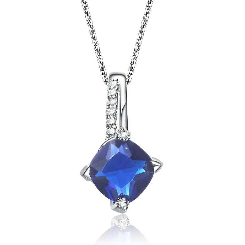 Organic woven necklaces-Gv C.z. Sterling Silver Rhodium Plated Round Sapphire Prong Set Pendant