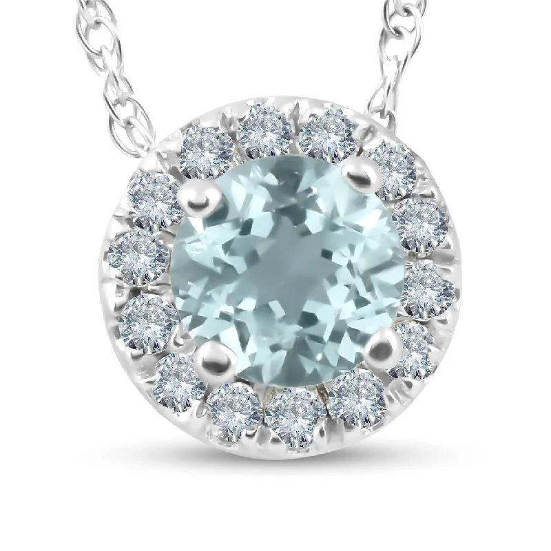 Smooth gem necklaces-3/4ct Round Diamond & Aquamarine Halo Solitaire Pendant Necklace 14k White Gold