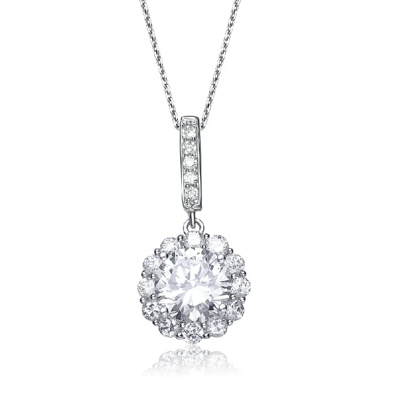 Topaz drop necklaces-Gv C.z. Sterling Silver Rhodium Plated Round Drop Pendant