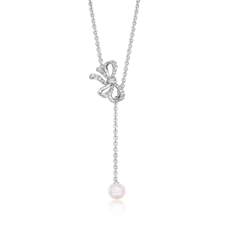 Guardian eye necklaces-Ross-Simons 7-7.5mm Cultured Pearl and . Diamond Bow Lariat Necklace in Sterling Silver