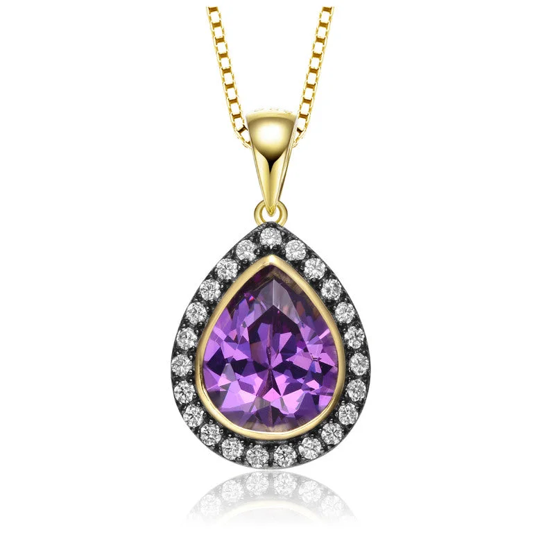 Lock clasp necklaces-Yellow Gold Plated Teardrop Shaped Purple Cubic Zirconia Pendant Necklace