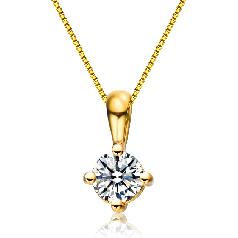 Curved pendant necklaces-Sterling Silver With Gold Plated Clear Round Cubic Zirconia Solitaire Necklace