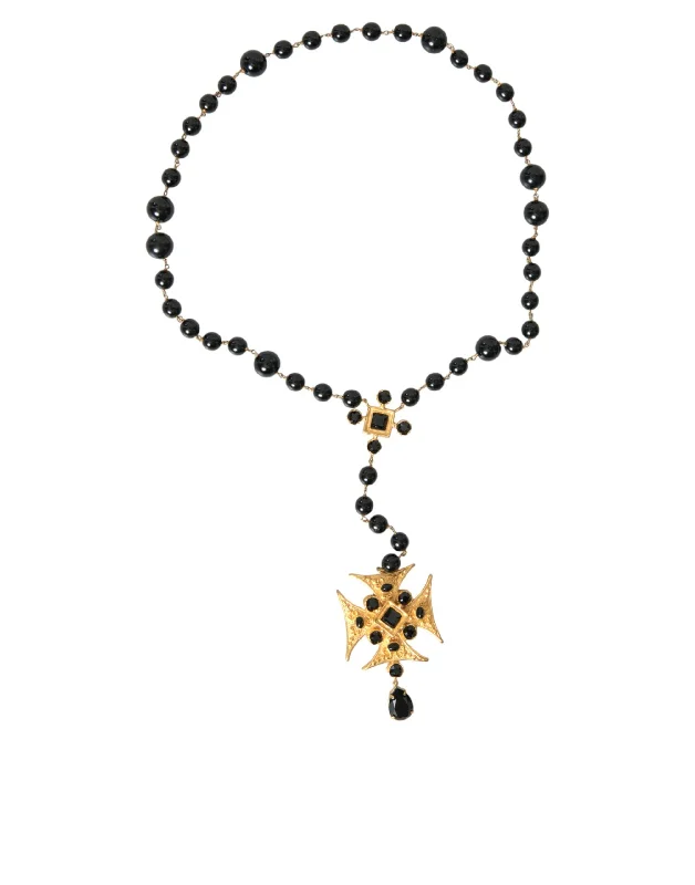 Oval pendant necklaces-Dolce & Gabbana  Tone Brass Cross  Beaded Chain Rosary Women's Necklace