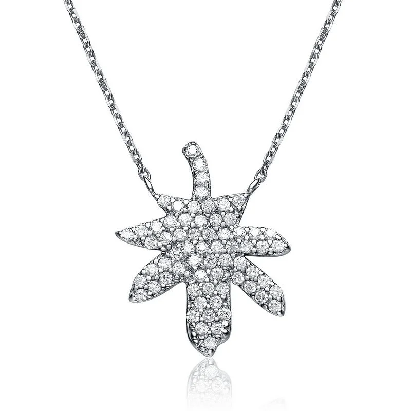 Smooth design necklaces-Gv Sterling Silver White Cubic Zirconia Stones Maple Leaf Pendant