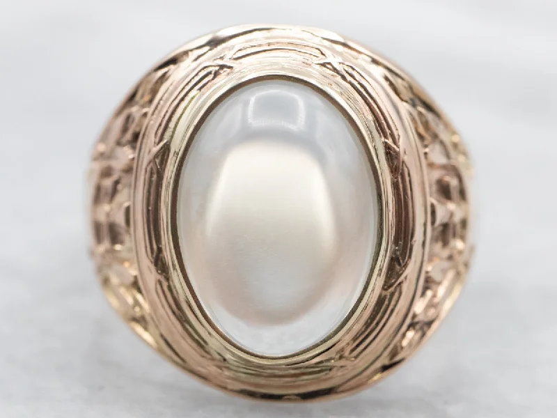 Large stone rings-Yellow Gold Moonstone Solitaire Ring with Decorated Shoulders