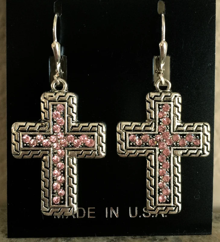 Fern pattern earrings-Pink & Silver Cross Earrings