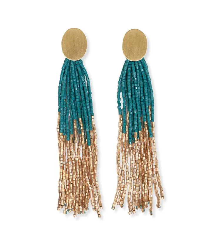 Wave design earrings-Mae Oval Brass Post 2-Color Beaded Tassel Earrings Teal