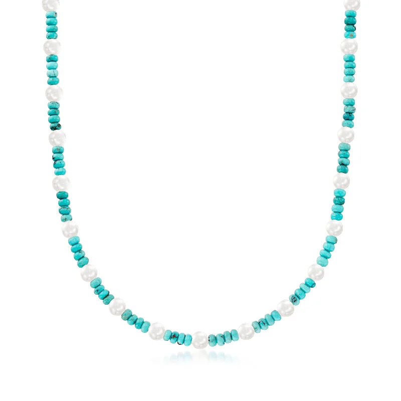 Warm wood necklaces-Ross-Simons Turquoise Bead and 6-6.5mm Cultured Pearl Necklace With Sterling Silver