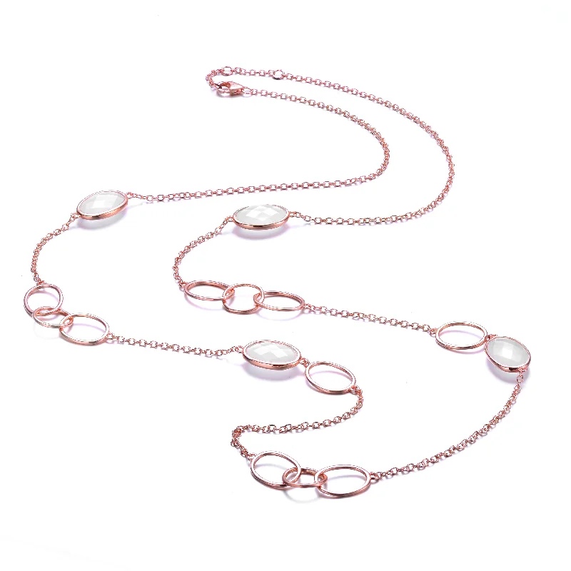 Wide bib necklaces-GENEVIVE Sterling Silver Rose Gold Plated White Cubic Zirconia Station Necklace