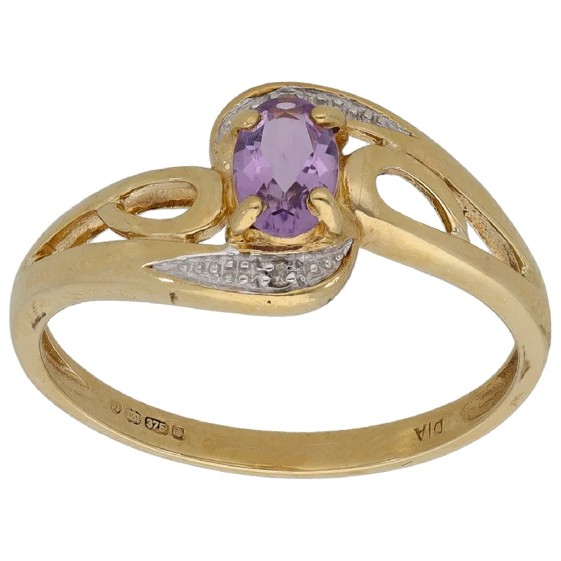 Large geometric rings-9ct Gold Amethyst & 0.01ct Diamond Dress/Cocktail Ring Size P