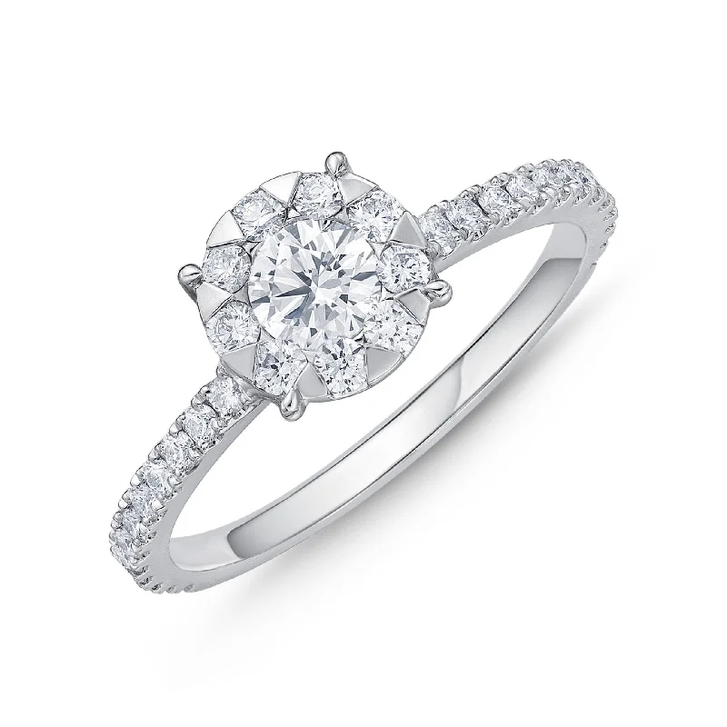 Sky birthstone rings-Memoire 18ct White Gold 0.70 Carat Diamond Bouquet Halo Solitaire Ring