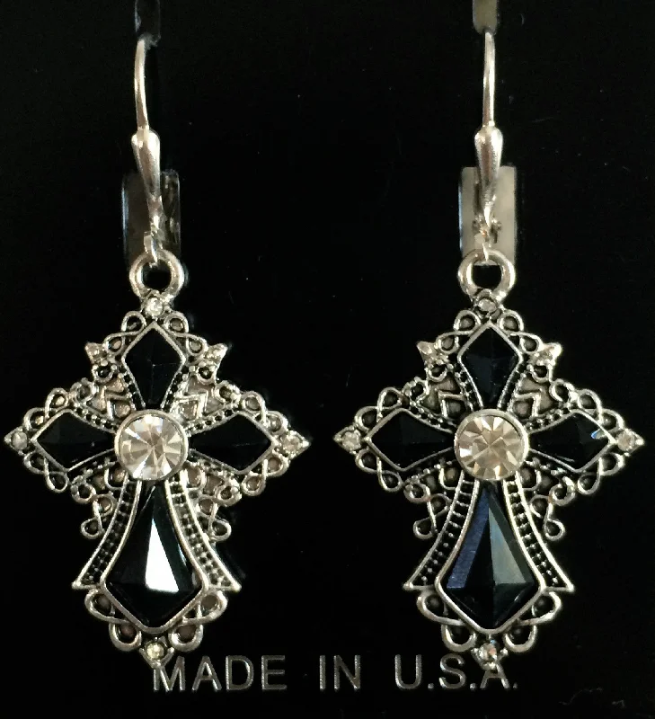 Flat stud earrings-Black & Silver Cross Earrings