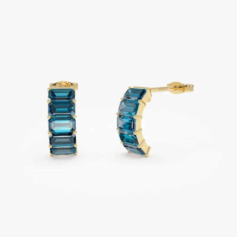 Fern pattern earrings-14K Emerald Cut London Blue Topaz  Half Hoop Earrings