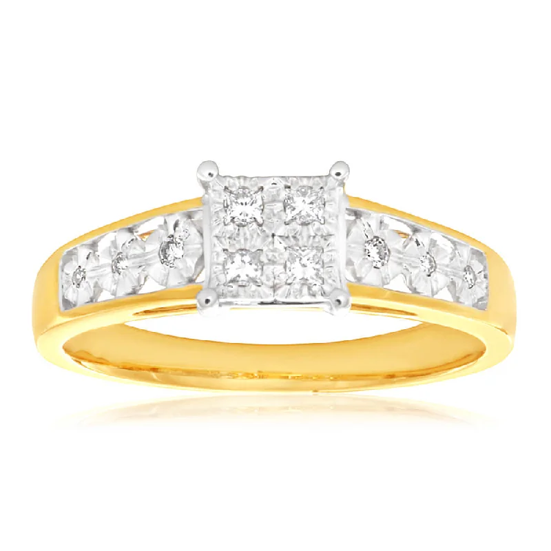 Multi-gem rings-9ct Yellow Gold 10 Diamonds Elegant Ring