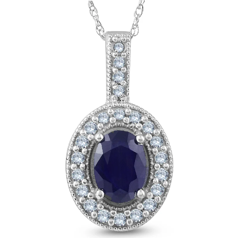 Mini bead necklaces-Oval Blue Sapphire Diamond Solitaire Pendant 14K White Gold