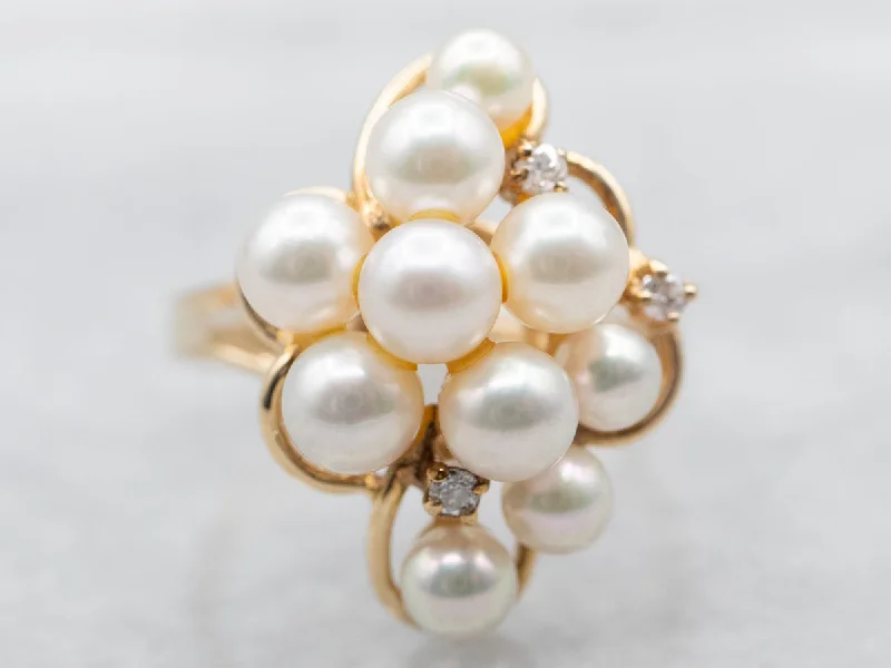 Bright silver rings-Yellow Gold Pearl and Diamond Cluster Ring