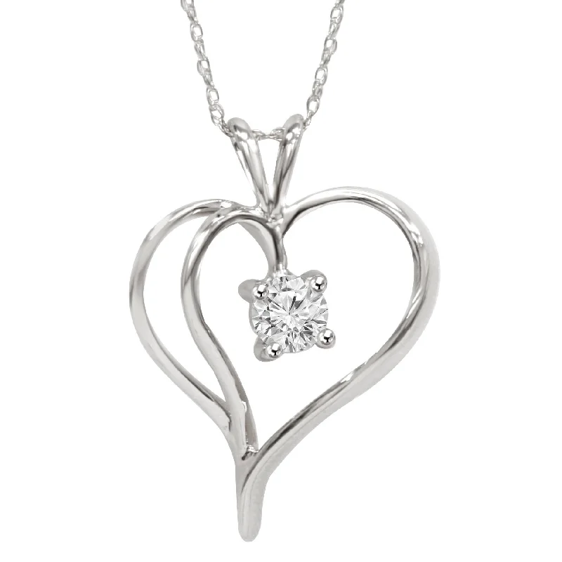 Love charm necklaces-1/3Ct Solitaire Round Diamond Heart Pendant & Chain 10K White Gold 1" Tall